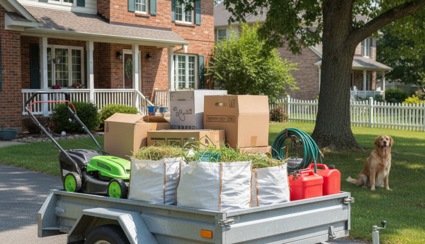 Trailer loaded with grass and a lawn-cutting machine in a garden