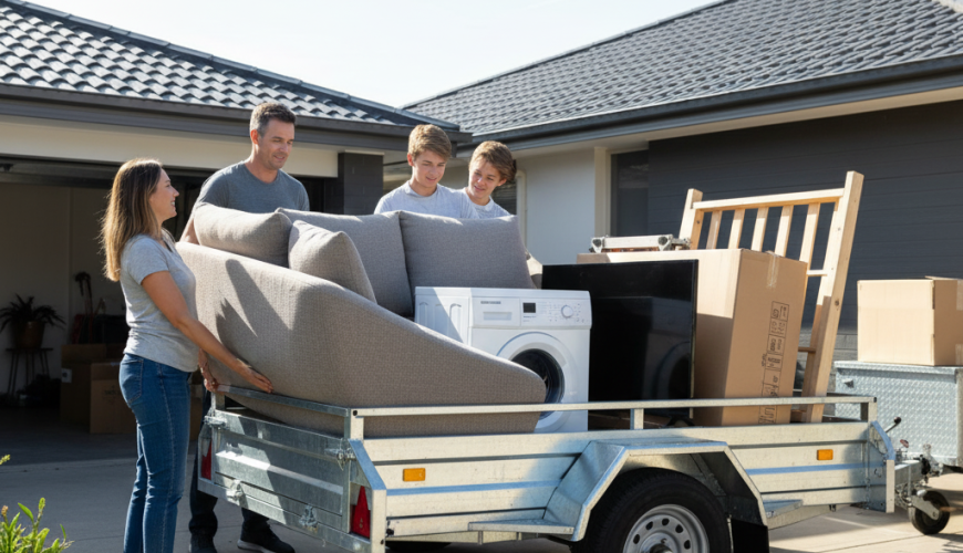 Trailer carrying household items and furniture for transport