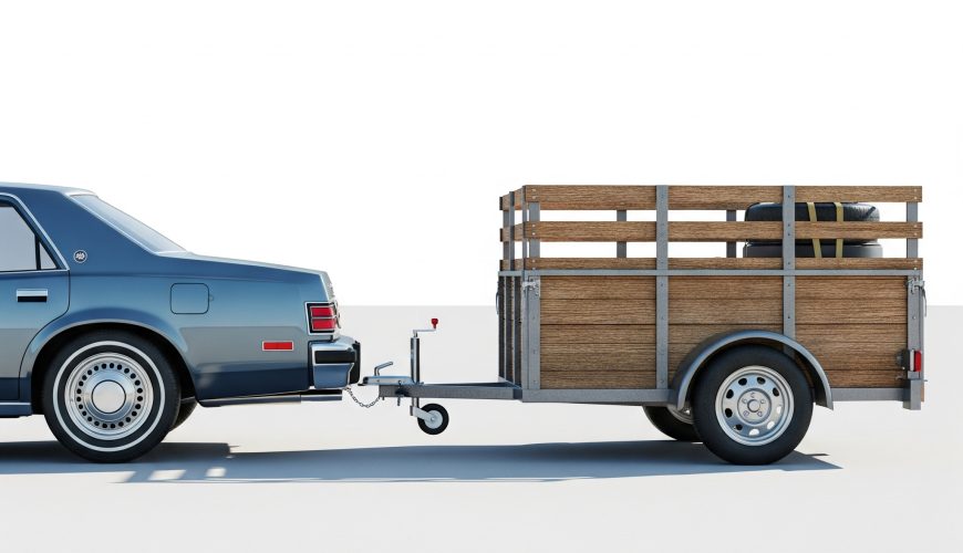 Vintage car towing an old trailer for transporting goods