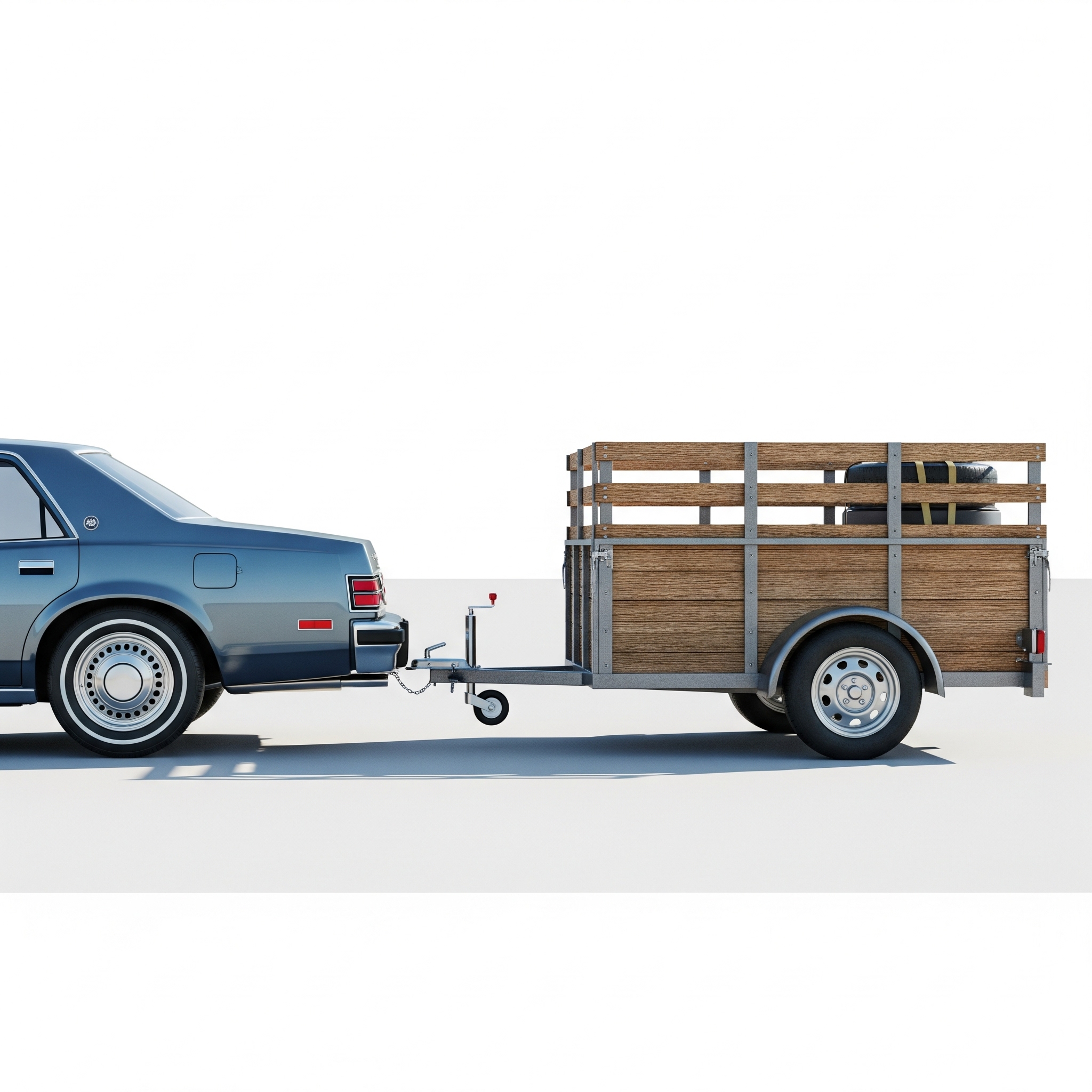 Vintage car towing an old trailer for transporting goods